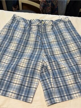 Ashworth Light Blue and White Plaid Flat-Front Shorts